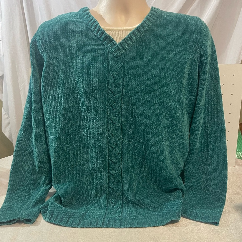 Bobbie Brooks V-Neck Cable-Trim Chenille Sweater - Teal